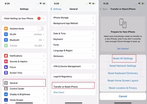 restablecer todos los ajustes para restaurar los contactos perdidos del iphone