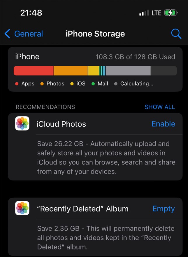 change storage settings on an iphone when iphone is slow