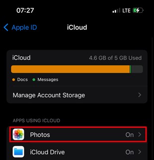 go to icloud photos menu to check out icloud storage