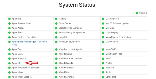 página de estado del sistema apple 
