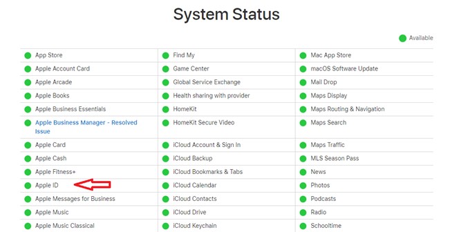 página de estado do sistema da apple 