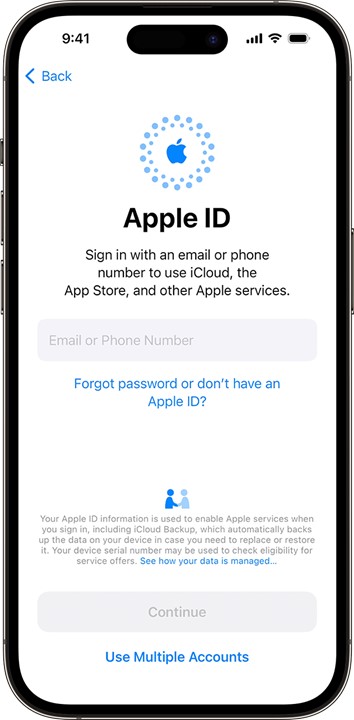 apple id set up screen on a new iphone 