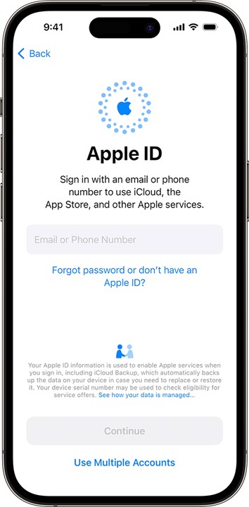 L'écran d'installation de l'apple id sur un nouvel iphone 