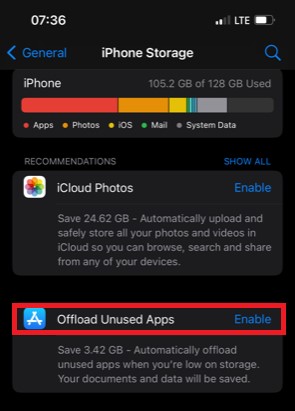 offload unused apps option in iphone storage