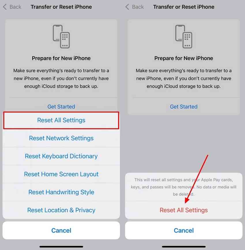 use reset all settings iphone