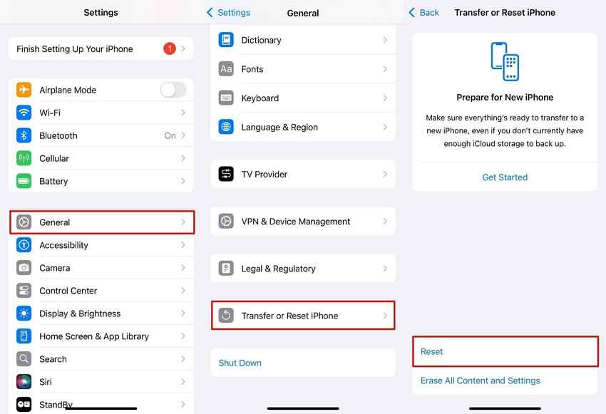 locate iphone reset from general settings