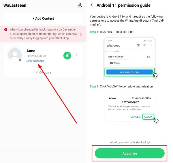 tap authorize to link whatsapp