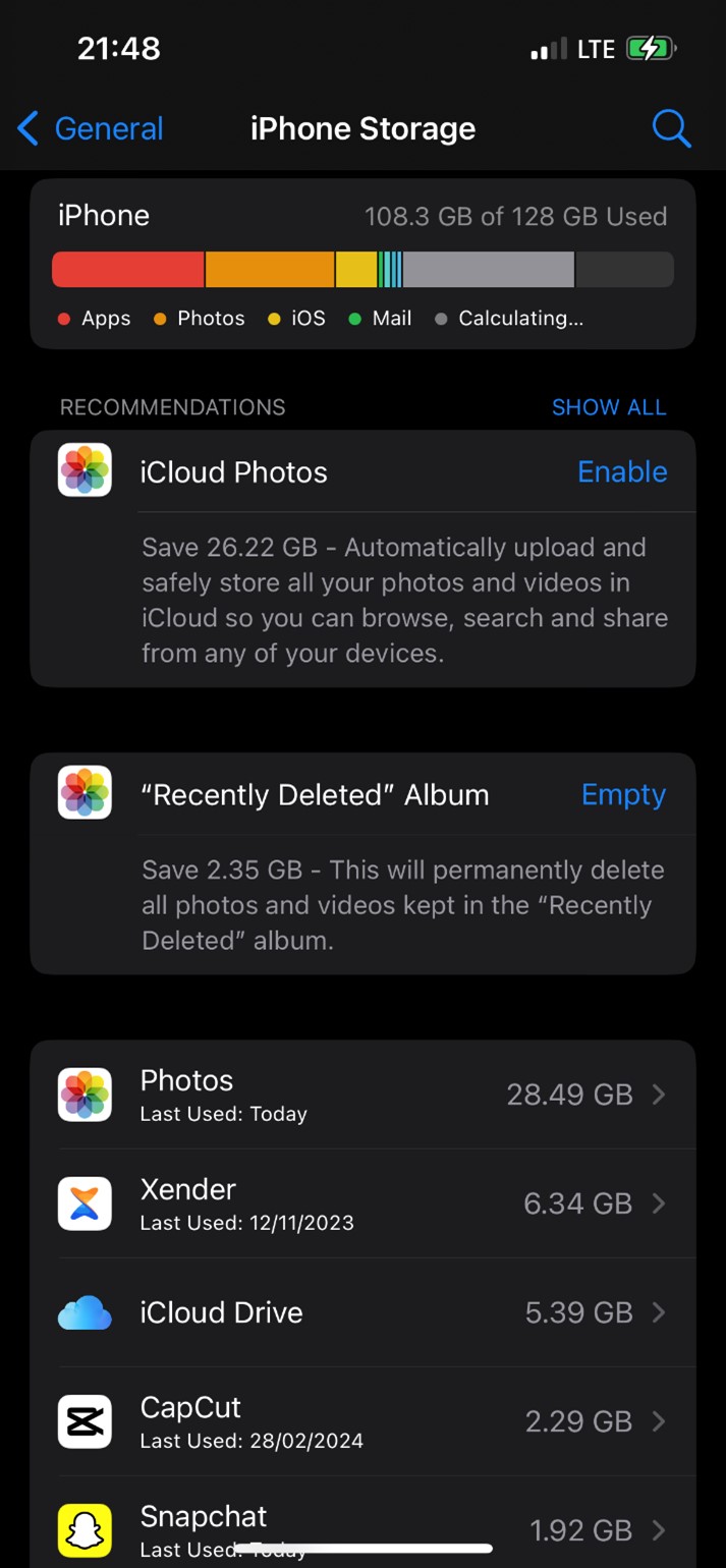 iphone storage breakdown that causes move to ios not working