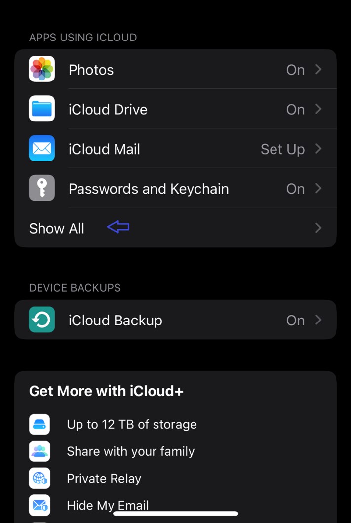 vá para as configurações de armazenamento do iCloud no iphone para transferir números de celular