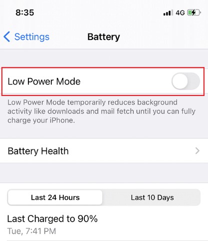 manage the low power mode from the phone settings on iphone
