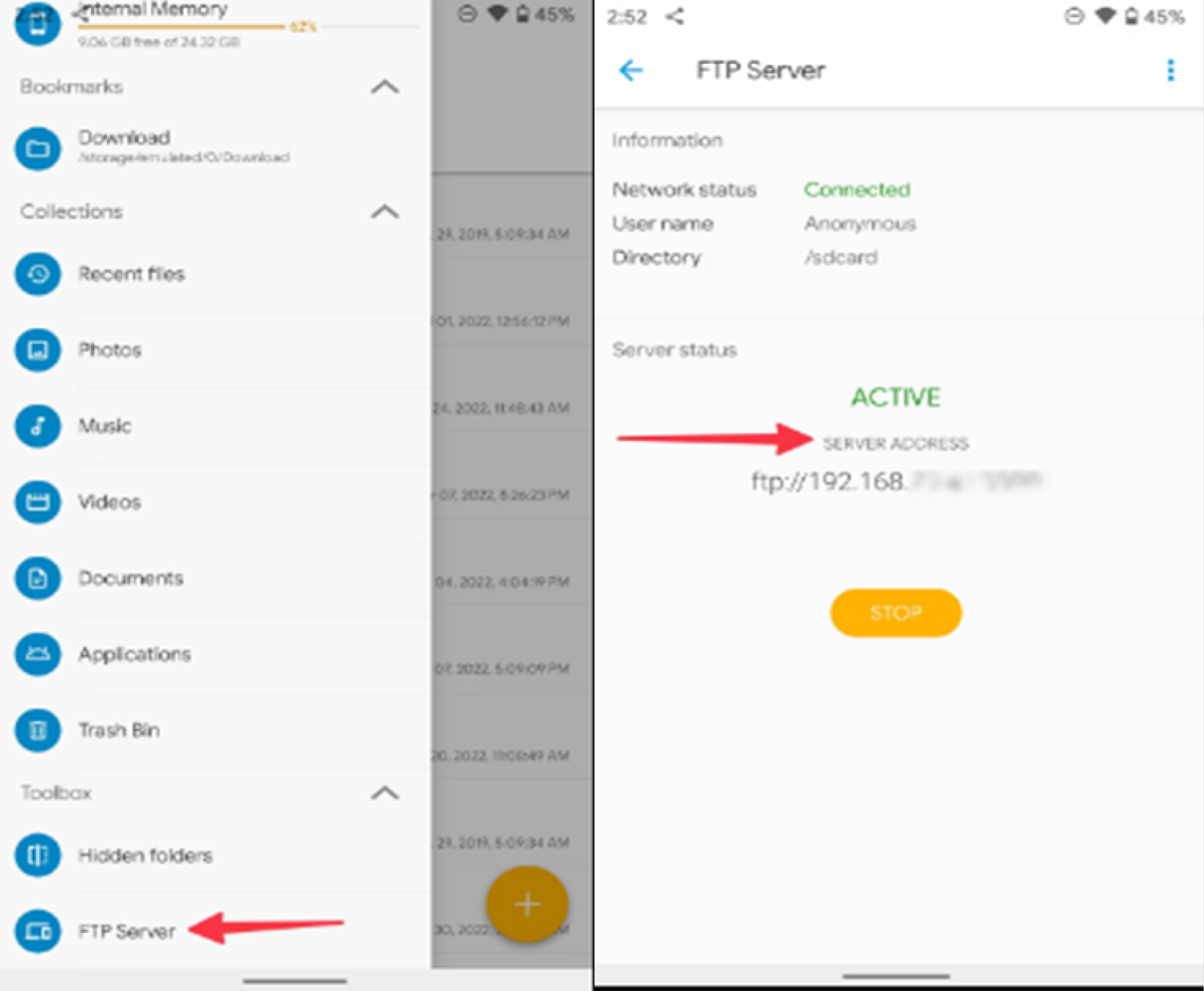 choisir Serveur FTP dans le menu et s'assurer que l'état du serveur est actif