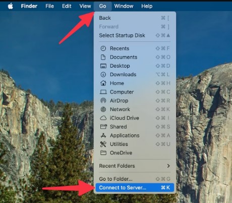 choose the go mode on finder and tap connect to server