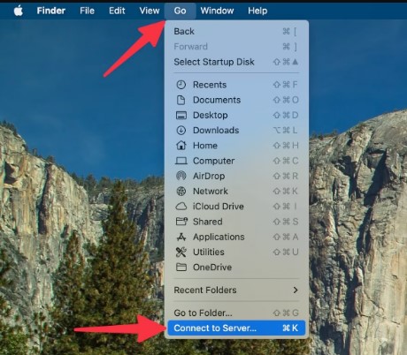 выберите режим перехода в finder и нажмите подключиться к серверу