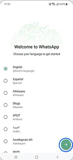 choose language and proceed to set up whatsapp on new device