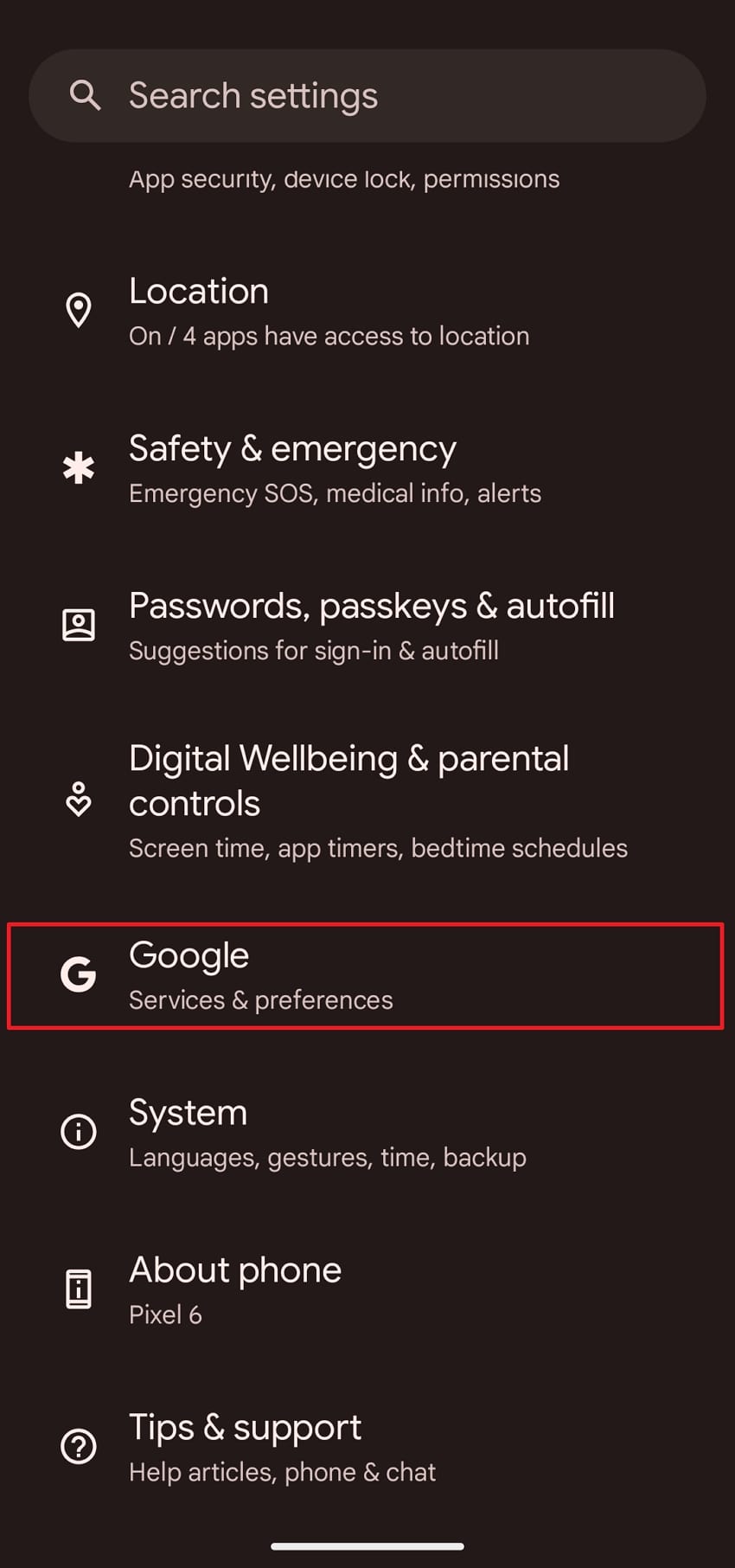 choose google option from settings 