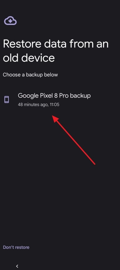 select backed up data 