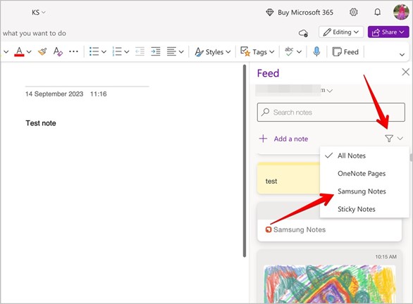 how to view samsung notes in microsoft onenote feed