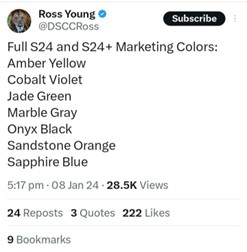 Il famoso ricercatore Ross Young ha detto che ci saranno sette colori per il Samsung Galaxy S24