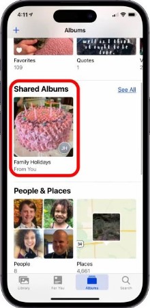 go to shared album section and choose the album you wish to share