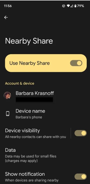 configurações do nearby share para partilhar entre PC e Android 