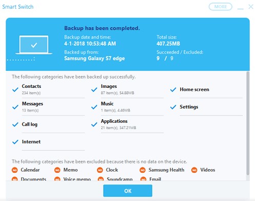 select data to back up on your pc with samsung smart switch