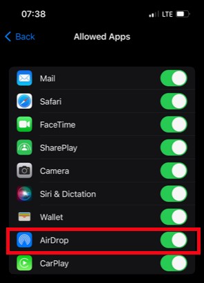 levantar las restricciones de envío por AirDrop para que funcione bien