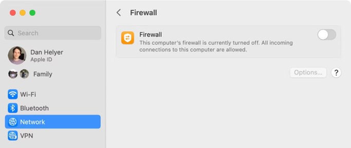 Modifica le impostazioni del firewall di rete su Mac se l'airdrop viene rifiutato su Mac