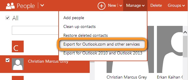 export for outlook.com and other services option