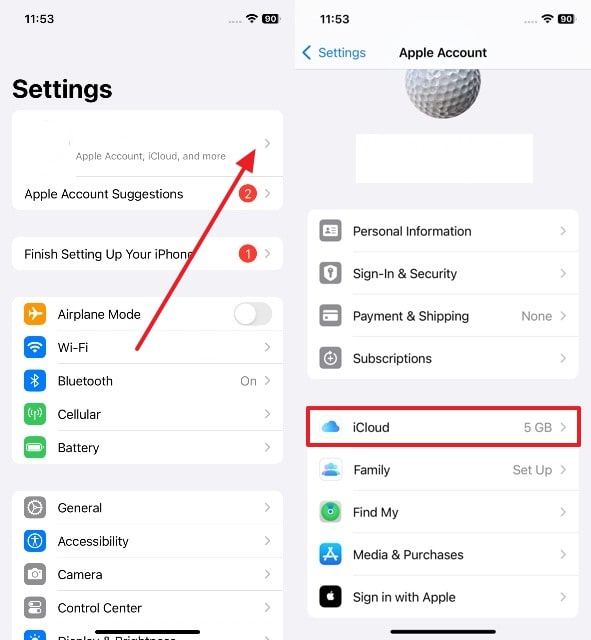 choose icloud from iphone settings