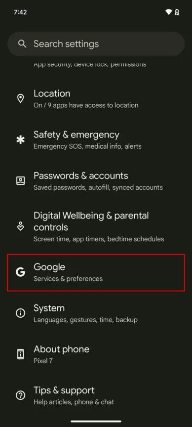 google option in settings