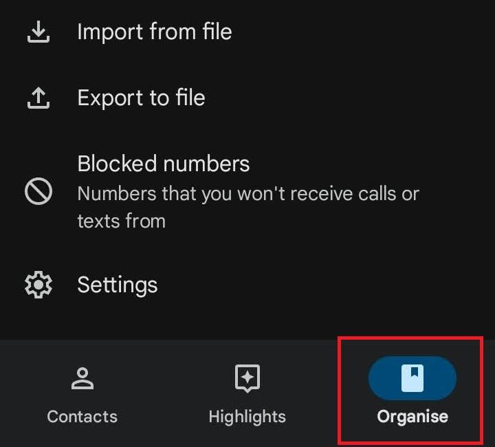 organize tab on contacts app