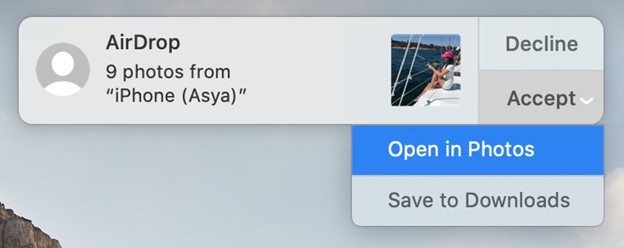 tap accept to receive airdrop files on your mac
