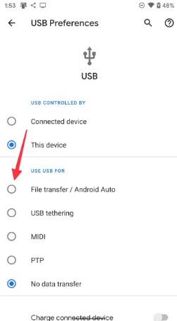 select the file transfer option on your phone to allow data transfer