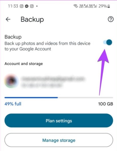 turn on backup to automatically upload data to google photos