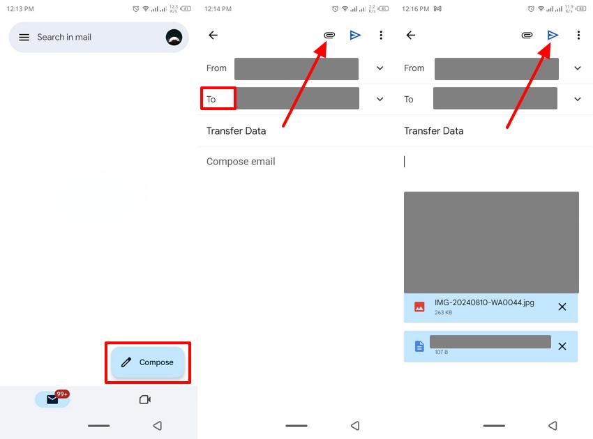 compose and email to send data 