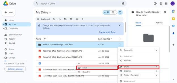 how to transfer google drive data to another account via google drive