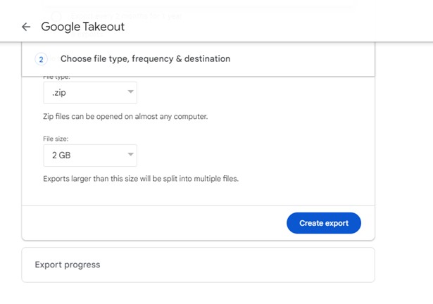 create export screen via google takeout