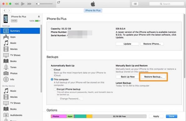 opción restaurar copia de seguridad en itunes