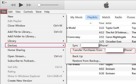 haz clic en dispositivos en archivo para transferir compras de música de ipad a mac