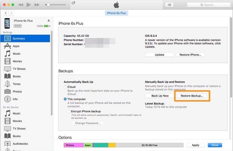 alternativa para restaurar um backup no iTunes. 