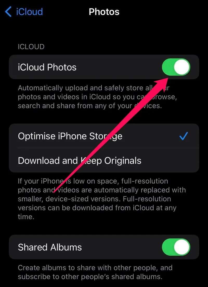 включите опцию "icloud photos"