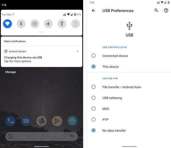 opciones usb en teléfono Android