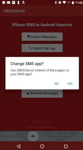 tap yes to make isms2droid your default message app temporarily