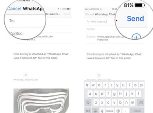 enter an email address to transfer whatsapp data to and then click send