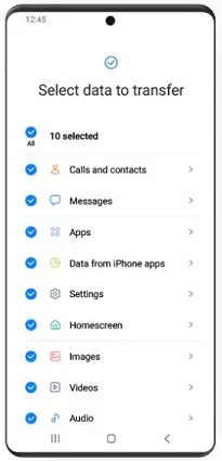 select data to transfer from iphone to android
