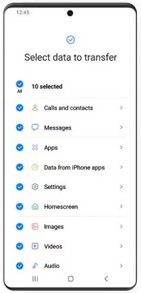 seleccionar datos para transferir de iphone a Android