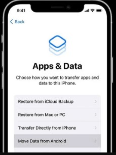 selecciona mover datos desde android en la pantalla de aplicaciones y datos al configurar el iPhone