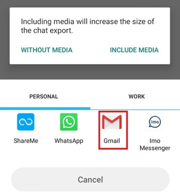 exporta historiales de chat de whatsapp a través de gmail