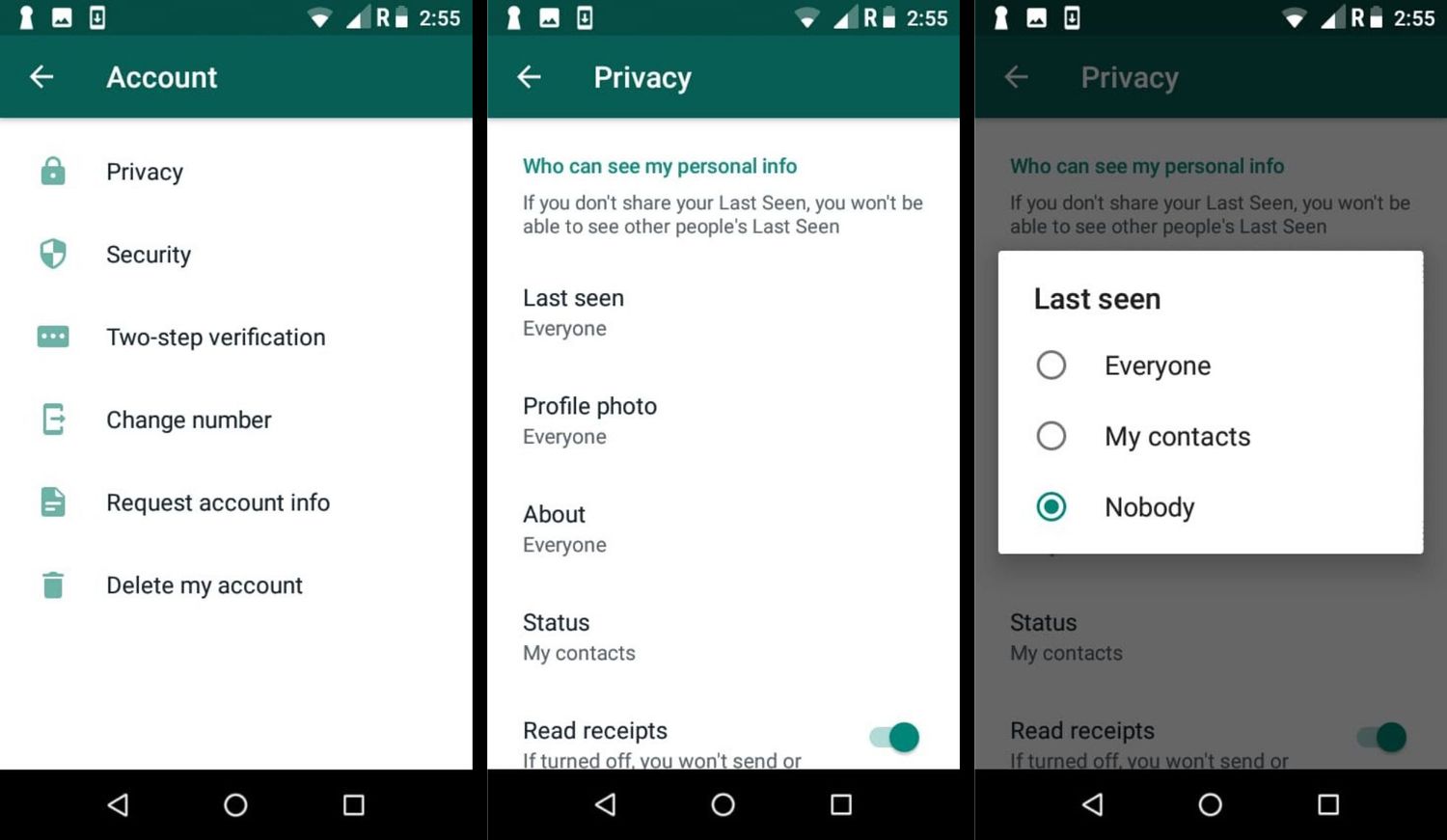 désactiver les dernières vues sur whatsapp android