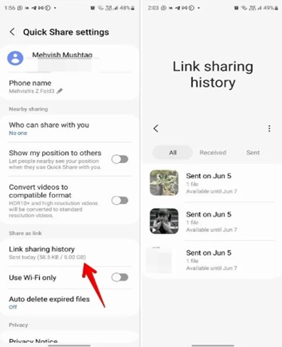 access the Image name sharing history in your phone settings